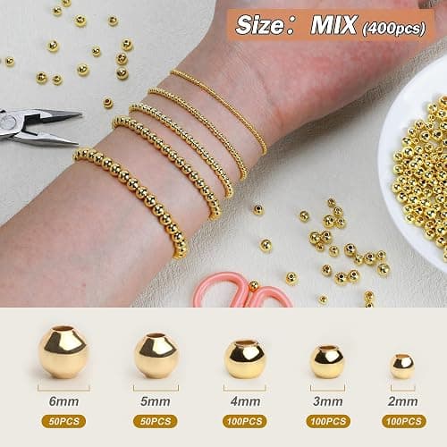 LETORIA 18K 400pcs Mix Gold Filled Beads for Bracelets Seamless 2/3/4/5/6mm 5 Size Gold Spacer Beads Non Tarnish for Jewelry Making Necklaces Earring Pendant Smooth for DIY Craft Making thumbnail 3