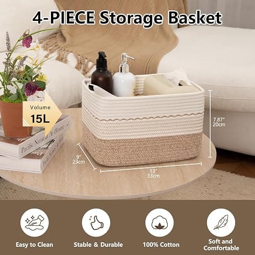 OIASKET 4 Pack Storage Baskets for Organizing, 13"X9"X7.87", Decorative Cotton Rope Baskets for Shelves, Small Woven Basket for Toys, Books and Towels, Brown & White thumbnail 2