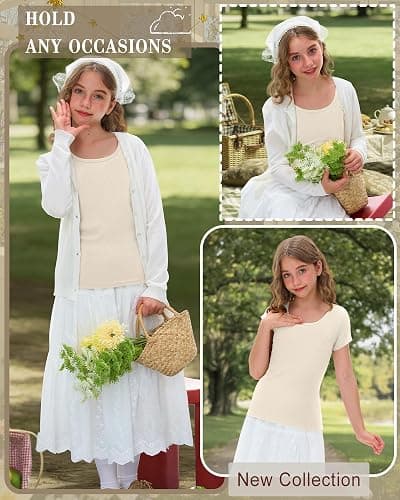 Oakgarden Girls Cap Sleeve T-Shirts Kids Ribbed Knit U-Neck Tops Fitted Short Sleeve Shirts Cute Summer Basic Tees 5-14 Years thumbnail 6