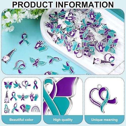 Kenning 120 Pcs Suicide Prevention Awareness Charms Bulk Teal and Purple Ribbon Charms Suicide Awareness Items Sexual Assault Pendant for Jewelry Making DIY Necklace Bracelet Earring Crafts thumbnail 5