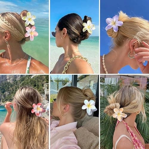 CHANDAT Flower Hair Clips 6 PCS Hawaiian Claw Clips for Vacation Hibiscus Hair Claw Clips Cute Large Hair Clips for Thick and Thin Hair Plumeria Hair Accessories for Women Girls -Light Petal thumbnail 6