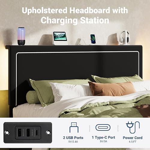 Allewie Full Lift Up Storage Bed Frame with Charging Station, Black | Enclosed Storage, USB & Type-C Charging, Smart LED Lights, Hydraulic Lift, Adjustable Headboard, Velvet Upholstery thumbnail 4