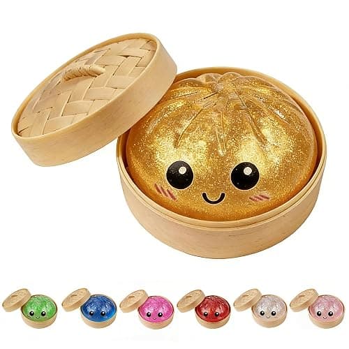 Dumpling Squishies, Glitter Dumpling Mystery Box, Colorful Dumplings Stress Balls Toy, Stocking Stuffers with Food Steamer Stretchy Desk Toys (Golden) - Image 1