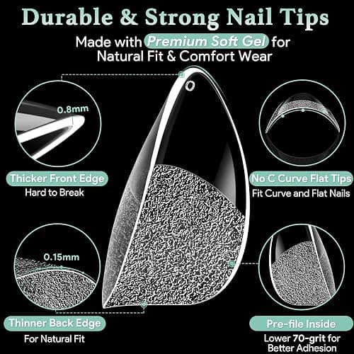 LEYKOSH Extra Short Almond Nail Tips - 216pcs Soft Gel Full Cover Fake Nails, 70-Grit Pre-Sanded Matte Clear Press on Nails for Extension, DIY Home Manicure with 12 Sizes thumbnail 4