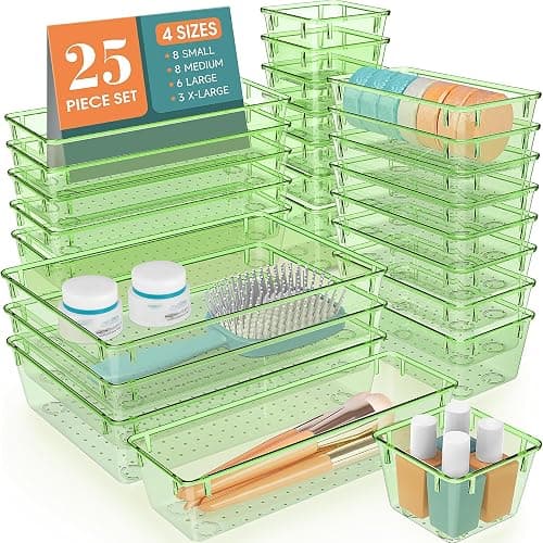 WOWBOX 25 PCS Plastic Drawer Organizer Set, 4 Sizes Desk Drawer Divider Organizers and Storage Bins for Makeup, Jewelry, Gadgets for Kitchen, Bedroom, Bathroom, Office, Clear Green - Image 1
