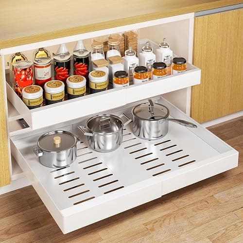 Delamu 21" Deep Pull Out Cabinet Organizer, Expandable (12.3 "-20.8" W) Pull Out Drawers for Cabinets, Expandable Slide Out Drawers for Kitchen, Cabinets, Bathroom, Pantry Storage, White, 2 Pack - Image 1