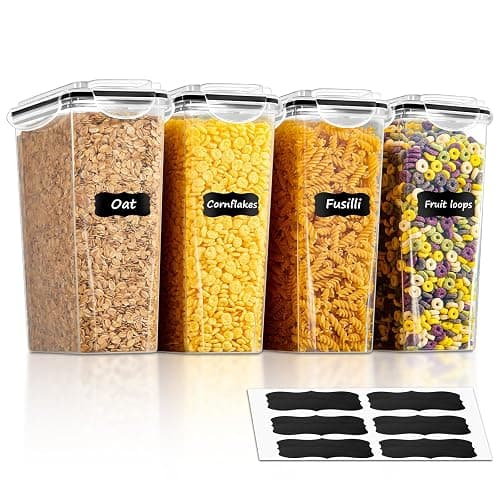 FOHERE Cereal Storage Containers with Lids, 3.7L, 4PCS, BPA-Free Plastic | Food Containers with 6 Labels, Pantry Organizers for Cereal, Cornflakes, Flour, Cereal Dispenser for Kitchen Storage - Image 1