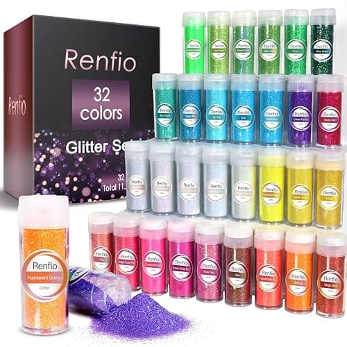 Renfio 32 Colors Iridescent Glitter Set, 16.93oz 480g Ultra Fine Glitter Powder PET 1/128" 0.008" 0.2mm Resin Suppies Assorted Craft Glitter for Fake Nails, Resin Art, Tumblers, Slime, Hair, Bomb - Image 1