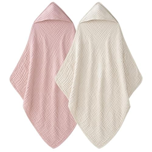 Unnivoll Hooded Baby Towels for Newborn - 2 Pack, 100% Muslin Cotton, Baby Bath Towels with Hood, Soft and Absorbent for Girls Infant, Toddler and Kids, Large 32x32 Inches, Newborn Essential - Image 1