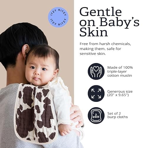 Itzy Ritzy Set of 2 Baby Burp Cloths – Ultra-Soft Absorbent Burping Cloths for Babies - Made of 100% Cotton Muslin and Generously Sized with Trendy Coordinating Prints – Machine Washable (Cow Print) thumbnail 4