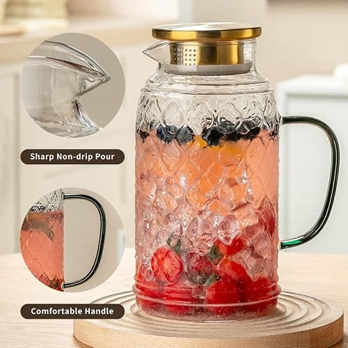 Buaic Glass Pitcher with Lid, 2 PACK 84 oz/2.5L Liter Vintage Water Pitcher, Clear Borosilicate Glass Water Carafe for Cold Brew, Coffee, Lemonade, Iced Tea,Beverage, Heat Resistant thumbnail 4
