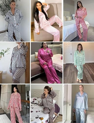 Ekouaer Womens Silk Satin Pajama Sets 2 Piece Sleepwear Pjs Set Long Sleeve Button Down Top and Pants Stripe Loungewear S-XXL thumbnail 6