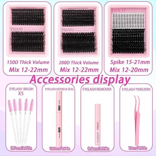YIDUO 575Pcs Lashes Clusters Kit with Glue and Removers, D Curl Volume 150D+200D Thick+Spiky Lashes Extension, 12-21mm Thick Extension Eyelashes DIY Individual False Eyelash Kit DIY at Home Easily thumbnail 2
