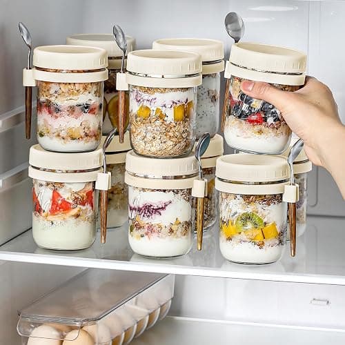 6 Pack Overnight Oats Containers with Lids and Spoons, 16 oz Glass Mason Overnight Oats Jars, Large Capacity Airtight Jars for Milk, Cereal, Fruit(Beige） thumbnail 6