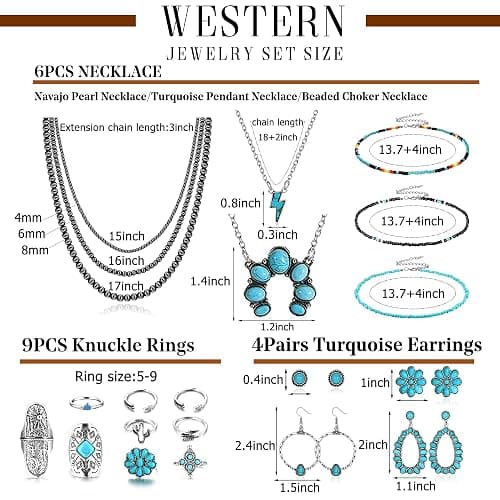 Fansilver Turquoise Jewelry for Women Bohemian Western Jewelry Set Navajo Pearl Necklace Beaded Choker Necklace Turquoise Earrings Bracelet Vintage Knuckle Rings Boho Western Jewelry for Women thumbnail 2