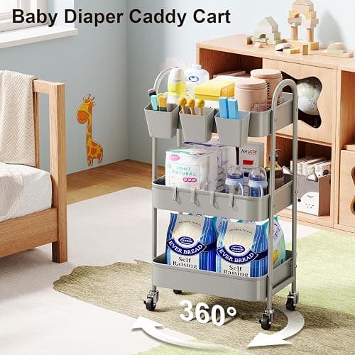 3 Tier Gray Metal Rolling Cart, Mesh Storage Cart with Handle and Lockable Wheels, Multifunctional Three Tiered Utility Organizer Carts for Kitchen, Office, Bathroom, Craft, Art, Snack, Baby Supplies thumbnail 5