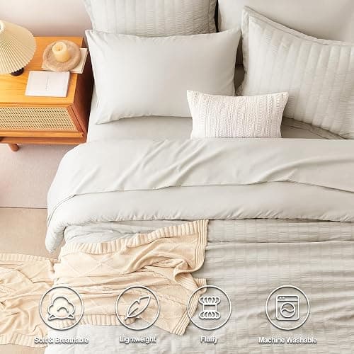 CozyLux Queen Comforter Set Beige Seersucker 7 Pieces Bed in a Bag Queen Comforter Set with Sheets, Luxury Soft Bedding Set with Down Alternative Comforter, Sheets, Pillowcases & Shams for All Seasons thumbnail 2