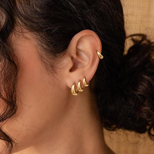 Foxgirl 4 Pairs Small Chunky Huggie Hoop Earrings for Women - Dainty 14K Gold Plated Hypoallergenic Lightweight Stack Earring Sets for Multiple Piercing Trendy Jewelry thumbnail 8