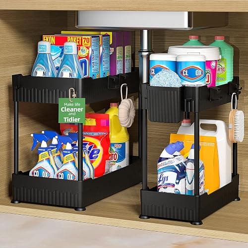 Sevenblue 2 Pack Under Sink Organizer, Under Bathroom Cabinet Organizer with Hooks Hanging Cup, Multi-Purpose Storage Shelf for Kitchen Bathroom, Black - Image 1