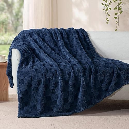 Exclusivo Mezcla 3D Checkered Fleece Throw Blanket for Couch, Navy Blue | Soft Lightweight Fuzzy Blanket, Breathable Cozy Cute Fluffy Blanket for Sofa, Chair, Home Decor, All Season Comfort, 50"x60" - Image 1
