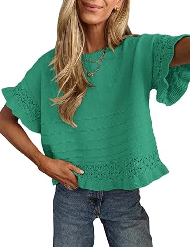 Yeokou Womens Short Sleeve Sweater Round Neck Ruffled Hem Knit Crochet Pullover Summer Fall Casual Top Blouse - Image 1