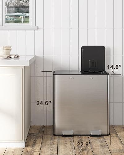 Sunvasagoo Dual 30 Liters - 16 Gallons Dual Trash Can with Recycle Bin, Stainless Steel Garbage Can with Separated Lid and Foot Pedal for Kitchen Deodorizer Compartment thumbnail 2