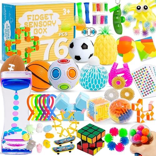 76 Pack Sensory Fidget Toys Set, Stress Relief and Anti-Anxiety Bundle Sensory Toys for Kids Adults, Cool Fidget Packs with Mochi Squishy, Magic Rainbow Ball, Motion Timer, Flippy Chain,Stress Ball... - Image 1