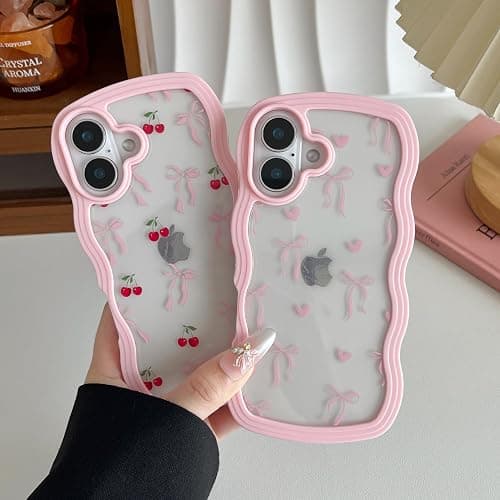 ZTOFERA for iPhone 17 Case 6.3 inch,Cute Curly Wave Frame Shape Case with Heart Ribbon Bow Pattern, Clear Slim Shockproof Hard PC Bumper Phone Cover for Women Girls, Pink thumbnail 3