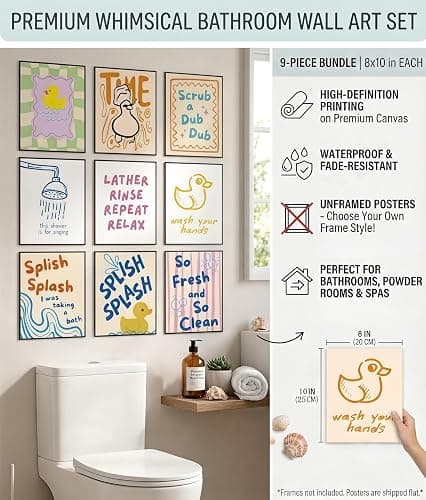 JBZDD 9 Pcs Funny Kids Bathroom Wall Art Prints, Retro Preppy Rubber Duck Canvas Poster Wall Decor, Colorful Whimsical Duck Decorations for Kids Nursery Toddler Washroom Toilet, 8x10 Inch Unframed thumbnail 3
