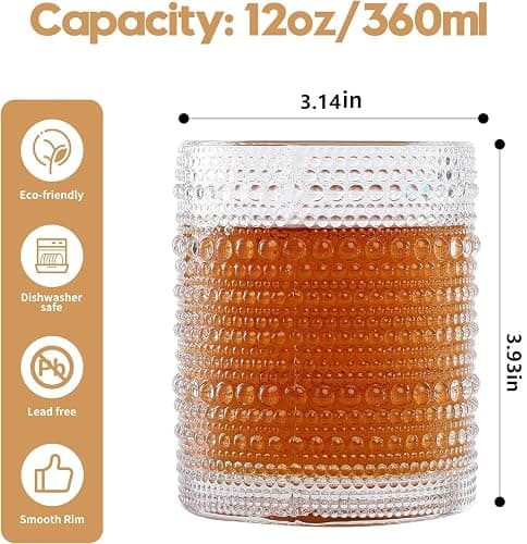 HomeVogue Hobnail Drinking Glasses Set of 6,12 oz Vintage Glassware Set Cocktail Glass Set, Embossed Clear Water Tumbler,for Beer, Whiskey,Juice and Various Mixed Drinks (Clear) - 12oz-clear thumbnail 2
