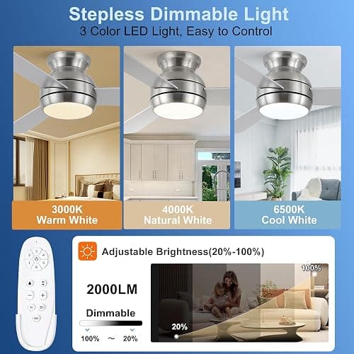 putroad 42 Inch Ceiling Fans with Lights and Remote, Brushed Nickel Low Profile Ceiling Fan with Light, Flush Mount, Reversible, 6 Speeds, 3CCT Dimmable, Bedroom Indoor/Outdoor Patios Use thumbnail 4