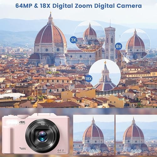 4K Digital Camera for Photography with 3" 180°Flip Screen,64MP Vlogging Camera for YouTube, HD WiFi Compact Camera with Flash, 18X Digital Zoom, 32GB TF Card & 2 Batteries（Pink） - Pink thumbnail 3