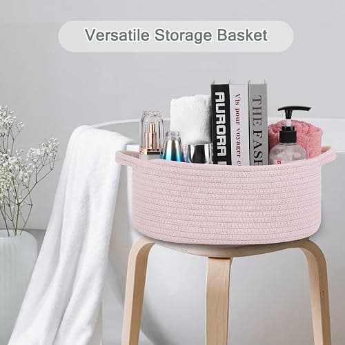 COMSE Small Woven Basket with Gift Bags and Ribbons, Gift Basket Empty, Cotton Rope Storage Organizer, Baby Toy Box with Handles, 12" x 8" x 5", Light pink thumbnail 6