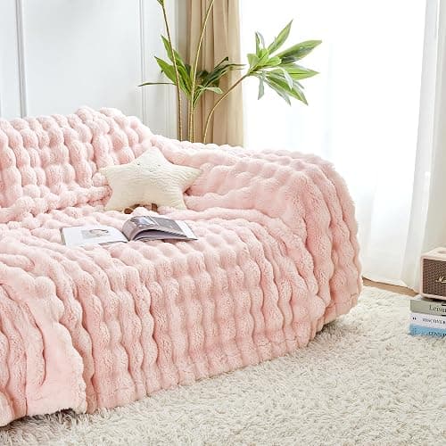 Serenhom 60"x80" Ultra-Soft Fuzzy Faux Fur Twin Blanket, Bubble Pink | Thick & Warm Sherpa, Plush & Fluffy Rabbit Bubble Texture for Couch, Bed, Sofa, Chair, Bedroom, Camping, Comfort, Cozy Gifts thumbnail 5