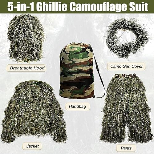 MOPHOTO 5 in 1 Ghillie Suit 3D Camouflage Hunting Suits - Jacket, Pants, Hood, Carry Bag for Adults & Youth, M/L/XL/XXL thumbnail 7