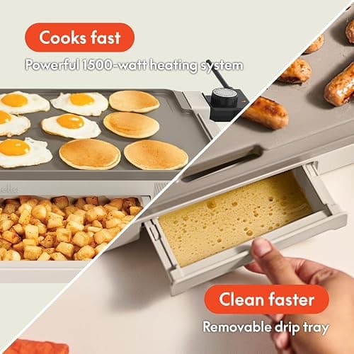 bella 10" x 20" Electric Griddle with Warming Tray, EverGood™ Ceramic Nonstick Coating & Removable Temperature Probe, Dishwasher-Safe Drip Tray & Cool Touch Handles, 1500 Watt, Oatmilk thumbnail 7