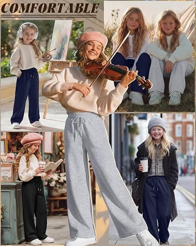 LessonZoo Teen Girls Sweatpants Wide Leg Drawstring Lounge Pants Straight Leg Athletic Trousers with Pockets Size 5-14 thumbnail 3