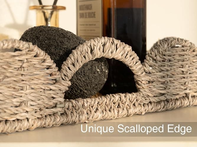 StorageWorks Rectangle Wicker Scalloped Tray, Rattan Serving Trays with Handles, Seagrass Basket for Decorative & Organizing, 15.75" L x 11.5" W x 2.75" H thumbnail 5