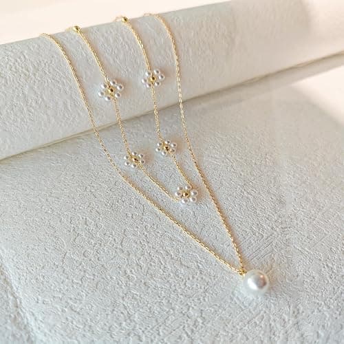 LULII Pearl Necklaces for Women 14K Gold Plated Dainty Layered Single Pearl Necklace Simple Daisy Pearls Choker Cute Gold Necklace Stack Jewelry Sets for Women Trendy Gifts thumbnail 7