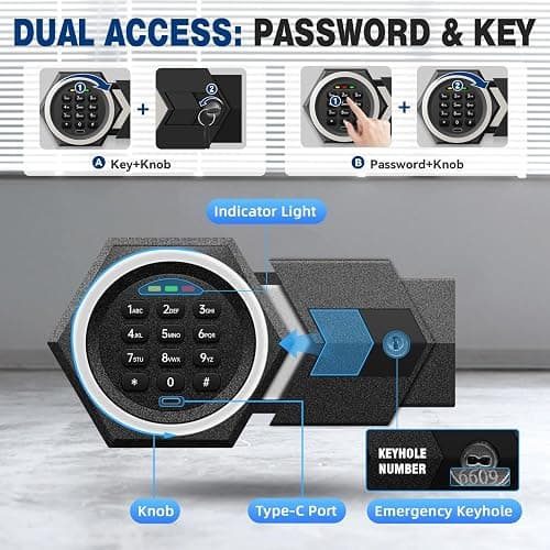 Fdsutvit Fireproof Home Safe Box- Steel Digital Combination Lock Security Box with Type-C Backup & Sensor Light, Key Lock Safety Box for House Office Documents Money Jewelry Handgun - Black 2.0 Cu Ft thumbnail 5