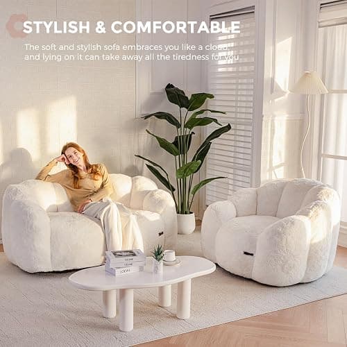 MAXYOYO Bean Bag Chair for Adults, Floral Shaped Bean Bag Sofa, Ultra Soft Faux Fur Floor Sofa, Large Reading Chair for Living Room Bedroom, Beige, Single thumbnail 5