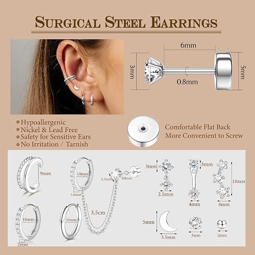 Florideco 14K Gold Plated Earrings for Women Hypoallergenic 20G Surgical Stainless Steel Flat Back Stud Earrings Dainty Stackable Earring Stacks Small Cartilage Earring Sets for Multiple Piercing thumbnail 4