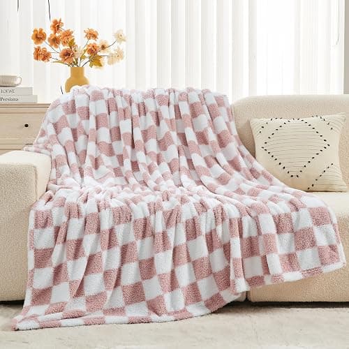 NEWCOSPLAY Knitted Pink White Checkered Blanket Super Soft Plush Throw for Couch Fuzzy Fluffy Microfiber Lightweight Blanket for Bed Sofa All Season Use (Pink White, Twin(60"x80")) thumbnail 8