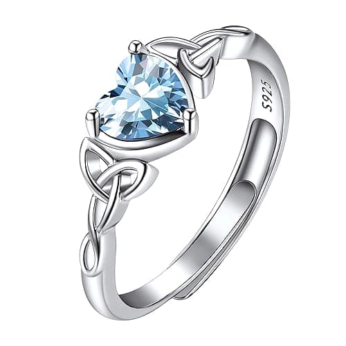 925 Sterling Silver Good Luck Celtic Twisted Knot/Claddagh Heart Birthstone Ring, Thin Delicate Adjustable Promise Engagement Ring Irish Jewelry for Women - style a. 03. March(Aquamarine)