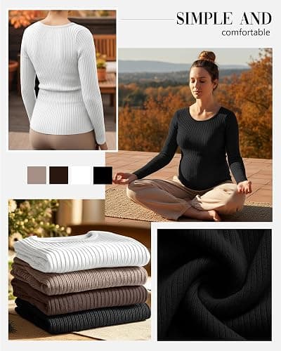 Oakgarden 4 Pack Women's Ribbed Maternity Shirts, Scoop Neck Long Sleeve Knit Pregnancy Tops Slim Basic Tee Clothes thumbnail 4