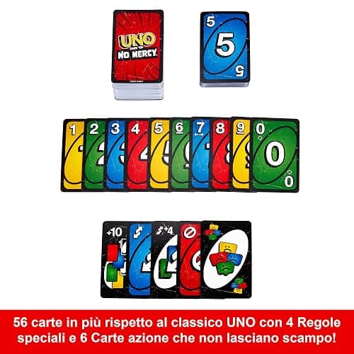 Mattel Games - UNO No Mercy, la Versione di Uno più brutale di Sempre, con 56 Nuove Carte, Regole Speciali e Carte Azione spietate, Come Pesca 6 e Pesca 10, 7+ Anni, HWV18 thumbnail 3