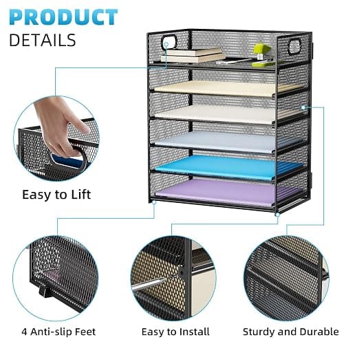 Marbrasse 6 Tier Paper Organizer Letter Tray - Mesh Desk File Organizer with Handle, Paper Sorter Organizer for Letter/A4 Office File Folder Holder - Black thumbnail 5