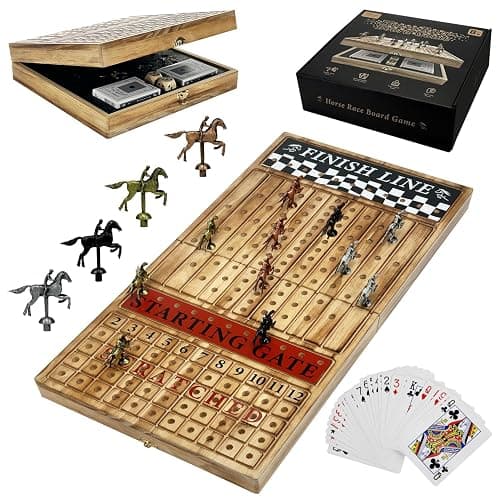 Large 23 inches Horse Racing Board Game with 11 Luxury Metal Horses, Foldable Wood Horse Race Board Game with 2 Sets of Dice, 2 Boxes of Cards for Parties and Gambling thumbnail 8