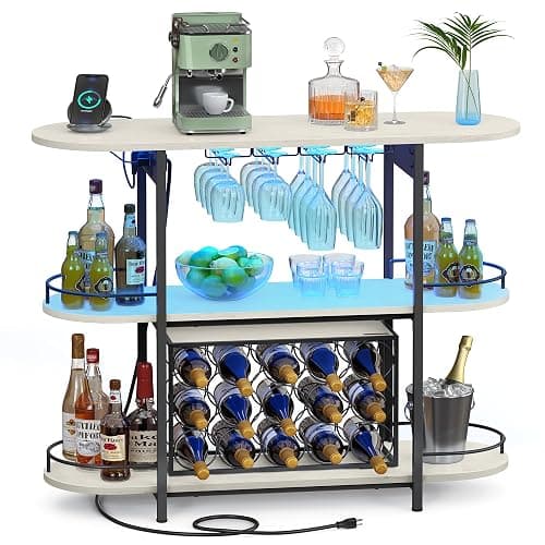 VASAGLE Bar Cabinet with LED Lights and Power Outlets, Freestanding Coffee Bar Wine Cabinet, Wine Rack, Glass Holder, Mini Bar for Liquor and Glasses, Kitchen, Dining Room, Rustic White ULWR007W01S - Image 1