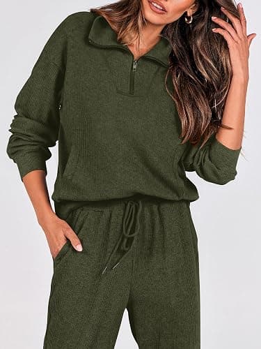 BTFBM Women's 2 Piece Tracksuit Fall Outfits 2025 Long Sleeve Half Zip Sweatshirt Sweatpants Lounge Set Sweatsuits - Solid Army Green - Large thumbnail 3